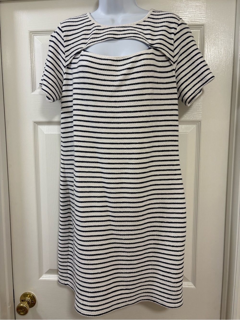 Michael Kors navy blue and white horizontal striped short-sleeve shift dress